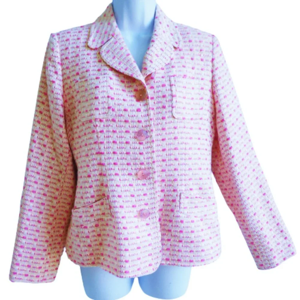 Vintage JG Hook 2pc Skirt Suit Set Pink 3D Tweed Floral Etched Buttons Lined - Picture 5 of 12